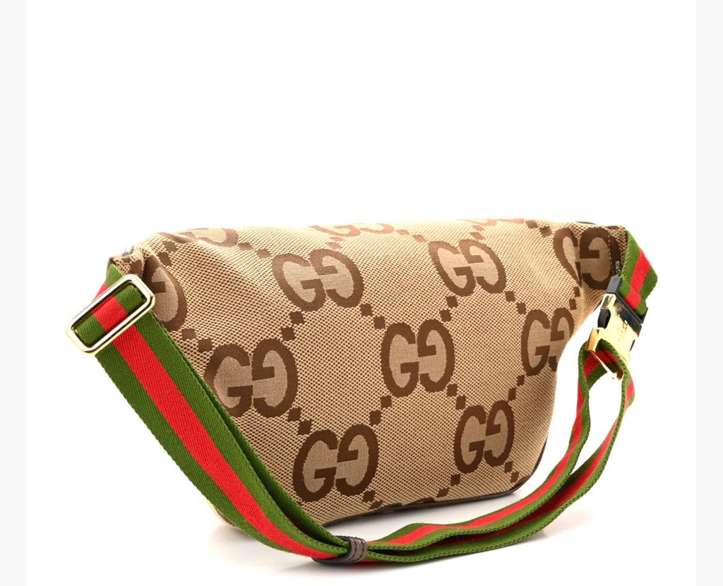 Monogram Jumbo GG Textured Dollar Calfskin Web Belt Bag Camel Ebony New Acero