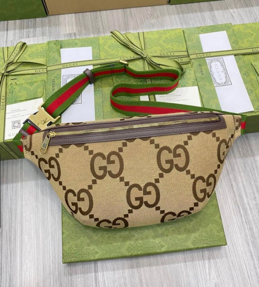 Monogram Jumbo GG Textured Dollar Calfskin Web Belt Bag Camel Ebony New Acero