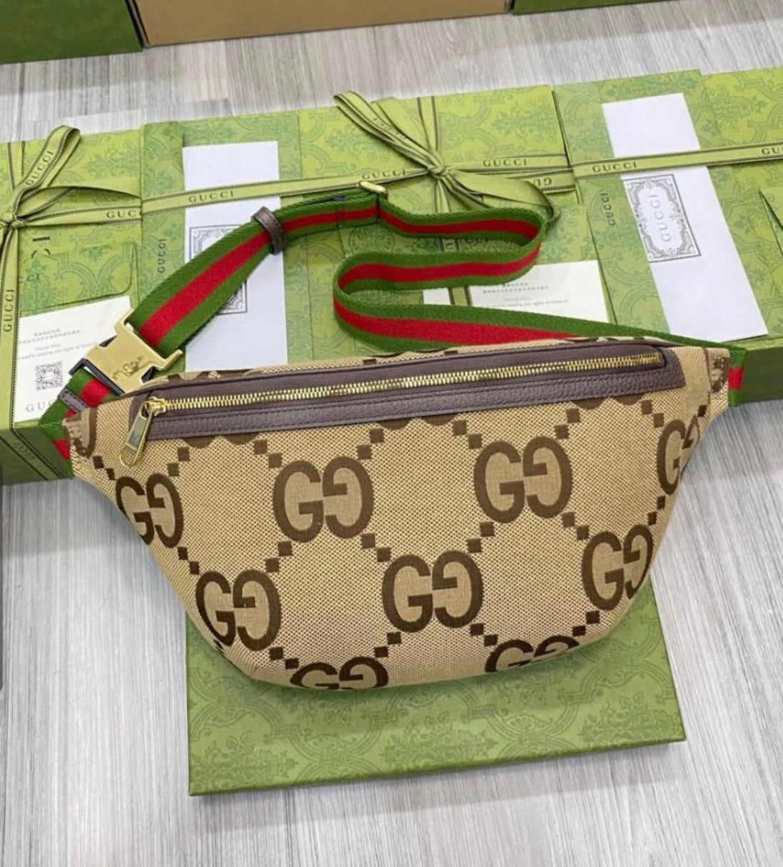 Monogram Jumbo GG Textured Dollar Calfskin Web Belt Bag Camel Ebony New Acero